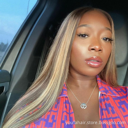 4/27 Honey Brown Highlight Wig 150% Ombre Color Blonde Brazilian Virgin Straight 4x4 Lace Front Human Hair Wig for Black Women
